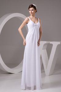 Simple Empire Straps Wedding Gown with Ruche and Beading to Floor-length