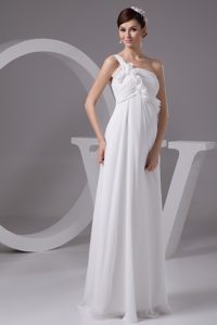 One Shoulder Chiffon Bridal Gown with Ruches and Handle Flowers on Sale