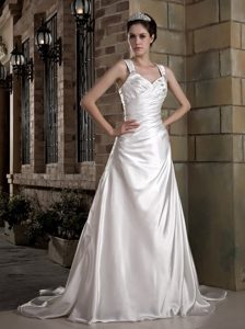 Ruched and Appliqued A-line Straps Chapel Train Dress for Wedding