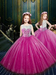 Clasp Handle Scoop Sleeveless Little Girls Pageant Dress Floor Length Beading and Appliques Eggplant Purple Tulle