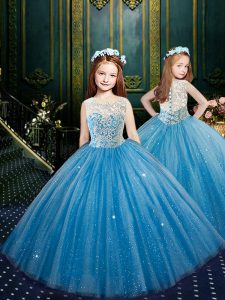 Blue Scoop Clasp Handle Appliques Girls Pageant Dresses Sleeveless