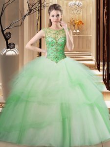 Apple Green Ball Gowns Tulle Scoop Sleeveless Beading and Ruffled Layers Lace Up Quinceanera Dress Brush Train