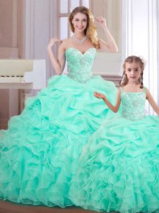 Apple Green Lace Up Ball Gown Prom Dress Beading and Ruffles and Pick Ups Sleeveless Floor Length