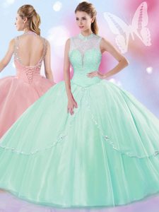 Floor Length Lace Up 15 Quinceanera Dress Apple Green for Military Ball and Sweet 16 and Quinceanera with Beading