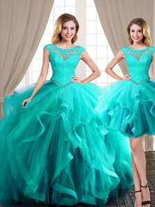 Top Selling Three Piece Scoop Aqua Blue Ball Gowns Beading and Appliques and Ruffles Ball Gown Prom Dress Lace Up Tulle 