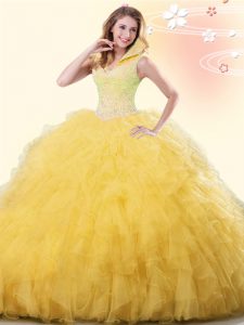 Pretty Yellow Tulle Backless High-neck Sleeveless Floor Length Quinceanera Dress Beading and Ruffles