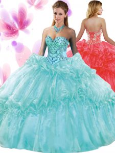 Admirable Aqua Blue Sleeveless Floor Length Pick Ups Lace Up Sweet 16 Dress