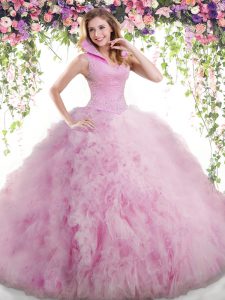 Glittering Beading and Ruffles Sweet 16 Dresses Lilac Backless Sleeveless Floor Length
