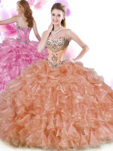 Inexpensive Floor Length Rust Red and Peach 15th Birthday Dress Sweetheart Sleeveless Lace Up