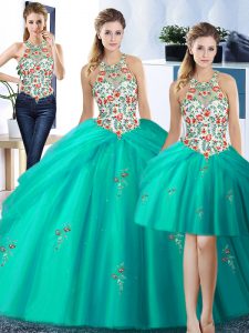 Gorgeous Three Piece Tulle Halter Top Sleeveless Lace Up Embroidery and Pick Ups Quinceanera Dresses in Turquoise