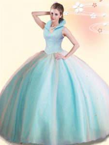 Floor Length Backless Quinceanera Gowns Aqua Blue for Military Ball and Sweet 16 and Quinceanera with Beading