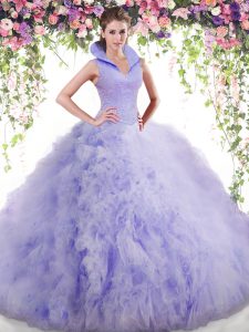 Colorful High-neck Sleeveless Backless 15th Birthday Dress Lavender Tulle