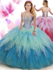 Fantastic Multi-color Ball Gowns Tulle Sweetheart Sleeveless Beading and Ruffles Floor Length Lace Up 15th Birthday Dres