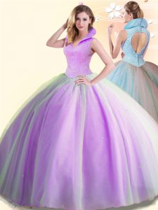 Lilac High-neck Neckline Beading Quince Ball Gowns Sleeveless Backless