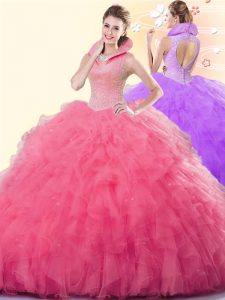 Customized Floor Length Ball Gowns Sleeveless Coral Red Ball Gown Prom Dress Backless