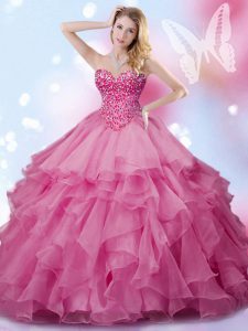 Rose Pink Ball Gowns Organza Sweetheart Sleeveless Beading Floor Length Lace Up Sweet 16 Quinceanera Dress