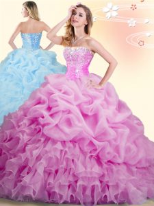 Amazing Beading and Ruffles and Pick Ups Sweet 16 Dress Lilac Lace Up Sleeveless With Brush Train