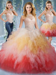 Halter Top Multi-color Sleeveless Beading and Ruffles Floor Length Sweet 16 Dress