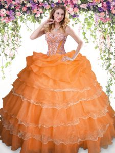 Orange Sleeveless Beading and Ruffled Layers and Pick Ups Floor Length Vestidos de Quinceanera