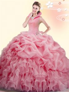 Trendy Watermelon Red Organza Backless Quinceanera Dress Sleeveless Brush Train Beading and Ruffles and Pick Ups