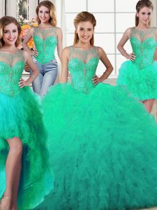 Glittering Four Piece Turquoise Scoop Neckline Beading and Ruffles Sweet 16 Dresses Sleeveless Lace Up