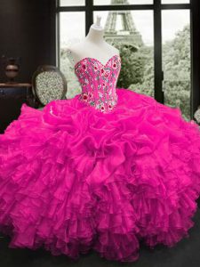 Fuchsia Sleeveless Organza Lace Up Sweet 16 Dresses for Military Ball and Sweet 16 and Quinceanera