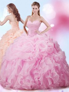 Adorable Pick Ups With Train Rose Pink Quinceanera Dresses Sweetheart Sleeveless Brush Train Lace Up