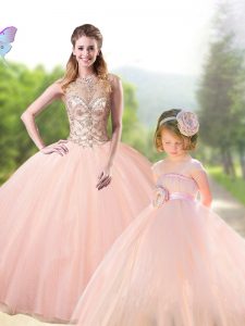 New Style Peach Tulle Lace Up Scoop Sleeveless Floor Length Sweet 16 Quinceanera Dress Beading