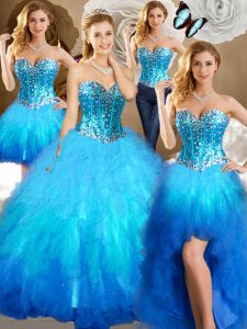 Custom Design Four Piece Sleeveless Beading and Ruffles and Sequins Lace Up Quinceanera Gown