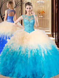 Scoop Sleeveless Tulle Floor Length Lace Up Quinceanera Gowns in Multi-color with Beading