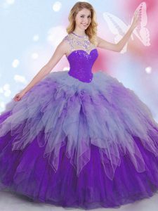 Luxurious Multi-color Ball Gowns Tulle High-neck Sleeveless Beading and Ruffles Floor Length Zipper 15 Quinceanera Dress