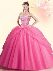 Traditional Watermelon Red Ball Gowns Tulle Sweetheart Sleeveless Beading Floor Length Lace Up Sweet 16 Dress