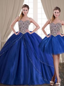 Three Piece Royal Blue 15 Quinceanera Dress Military Ball and Sweet 16 and Quinceanera and For with Beading Sweetheart S
