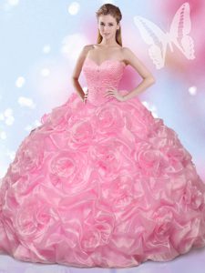 Rose Pink Lace Up Sweet 16 Quinceanera Dress Beading Sleeveless Floor Length