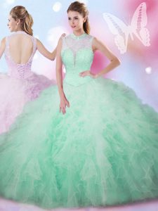 Tulle Sleeveless Floor Length Quinceanera Gowns and Beading and Ruffles