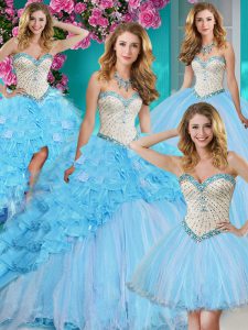 Four Piece Baby Blue Sleeveless Brush Train Beading and Ruffles With Train Quince Ball Gowns