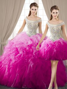 Dynamic Three Piece Off the Shoulder Fuchsia Lace Up Sweet 16 Dress Beading and Ruffles Sleeveless Floor Length