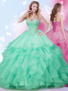 Attractive Apple Green Organza Lace Up Sweet 16 Dresses Sleeveless Floor Length Beading and Ruffles