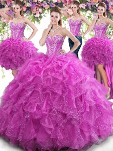 Flare Four Piece Sweetheart Sleeveless Tulle Sweet 16 Dress Beading and Ruffles Lace Up