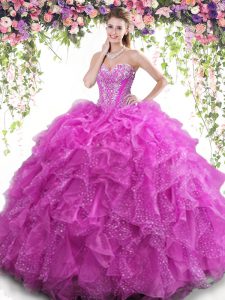 Amazing Floor Length Lace Up Quinceanera Gowns Fuchsia for Military Ball and Sweet 16 and Quinceanera with Beading and R