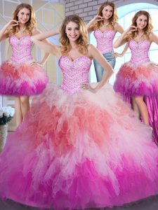 Luxurious Four Piece Multi-color Ball Gowns Beading and Ruffles 15th Birthday Dress Lace Up Tulle Sleeveless Floor Lengt