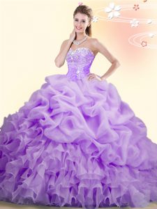 Customized Lilac Organza Lace Up Quinceanera Gown Sleeveless With Brush Train Beading and Ruffles and Pick Ups