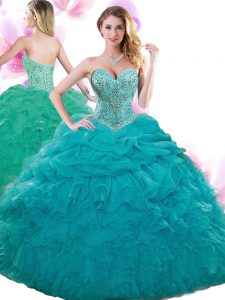 Teal Ball Gowns Sweetheart Sleeveless Organza Floor Length Lace Up Beading and Ruffles and Pick Ups Sweet 16 Dresses
