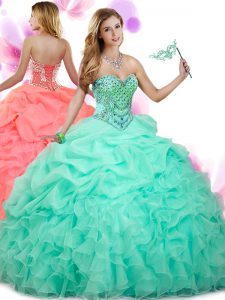 Flirting Sleeveless Floor Length Beading and Ruffles and Pick Ups Lace Up Vestidos de Quinceanera with Apple Green