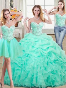 Three Piece Sweetheart Sleeveless Organza Quince Ball Gowns Beading and Ruffles and Pick Ups Lace Up