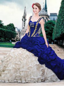 Exquisite Blue And White Ball Gowns Organza and Taffeta Straps Sleeveless Beading and Ruffles and Pick Ups With Train La