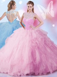 Beading and Ruffles and Sequins Sweet 16 Dress Baby Pink Zipper Sleeveless Floor Length