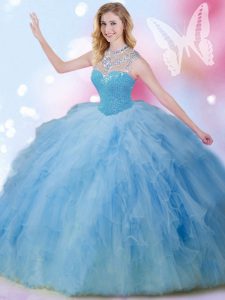 Lovely Tulle Sleeveless Floor Length Sweet 16 Quinceanera Dress and Beading and Ruffles and Sequins