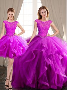 Three Piece Scoop Cap Sleeves Vestidos de Quinceanera With Brush Train Beading and Appliques and Ruffles Fuchsia Tulle