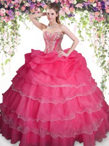 Captivating Pick Ups Ruffled Coral Red Sleeveless Organza Lace Up Quinceanera Dress for Military Ball and Sweet 16 and Q